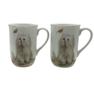Otagiri Japan Set of 2 Mugs White Persian Kitten Floral Gold Rim Harrison
